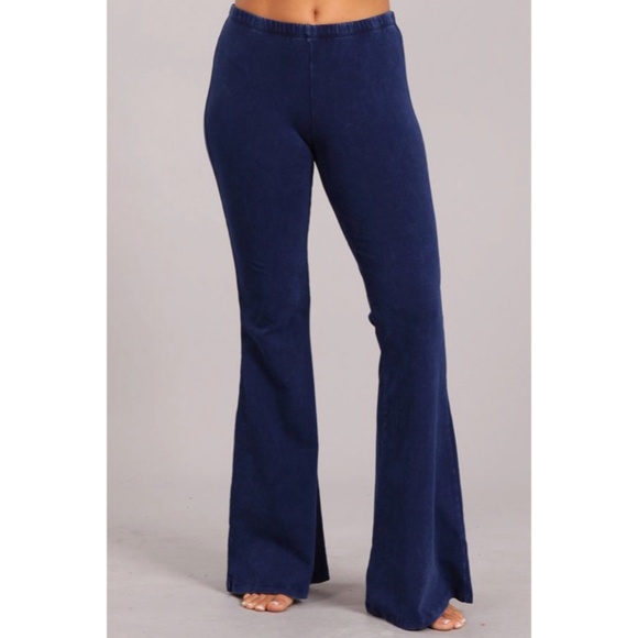 Galaxy Blue Boho Mineral Wash Stretch Flared Bell Bottom Casual Pants - Picture 2 of 6